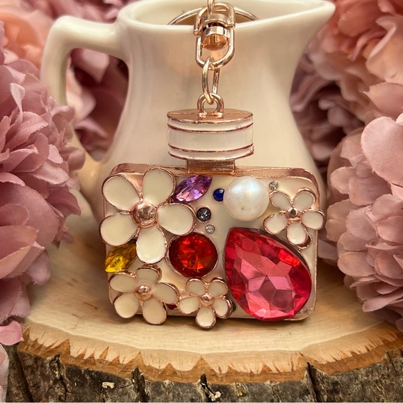 Pink Crystal Flower Perfume Bottle Keychain Charm - Picture 6 of 16
